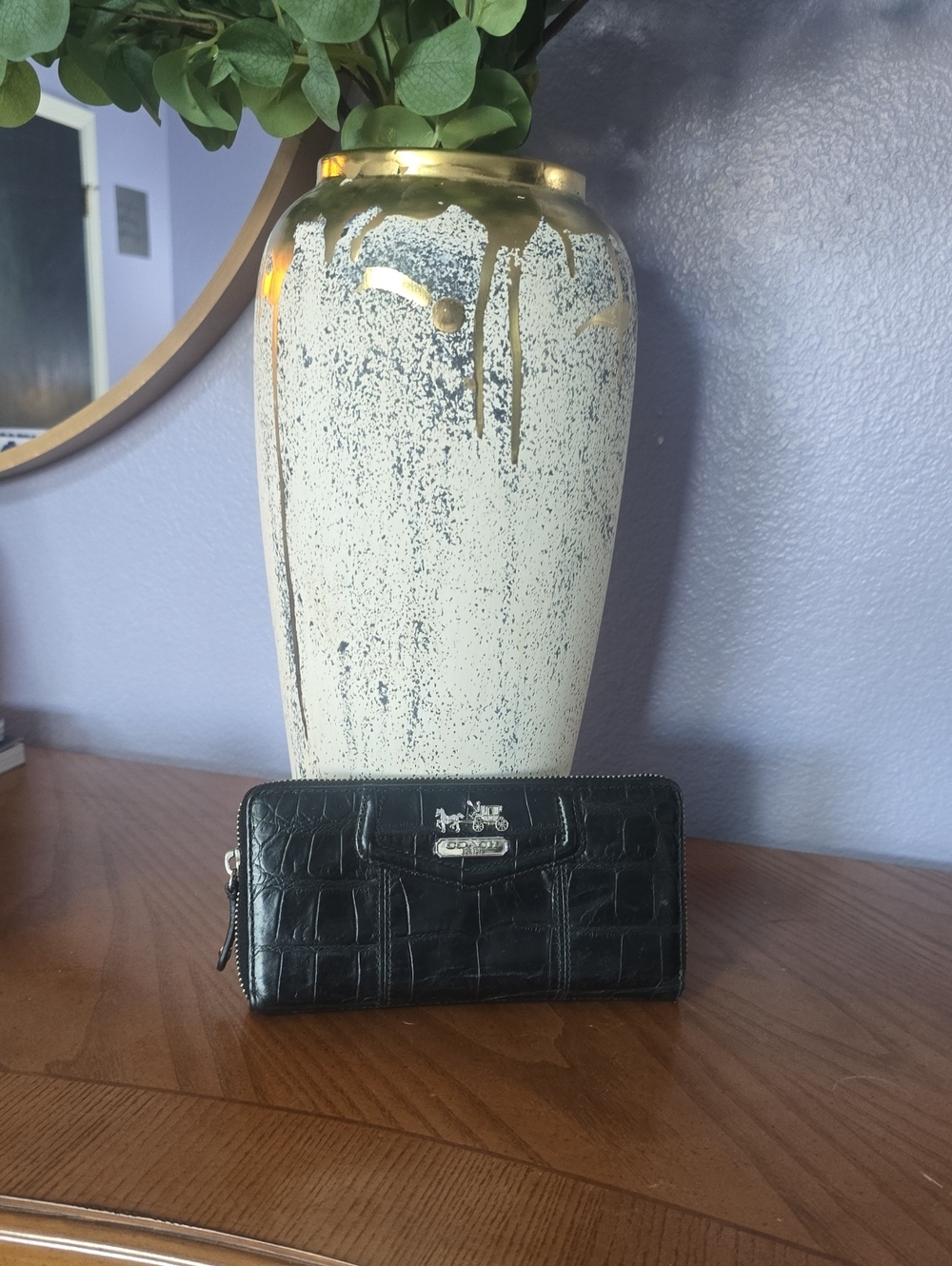 Coach Black Croc-Embossed Zip Around Wallet with Silver Hardware
